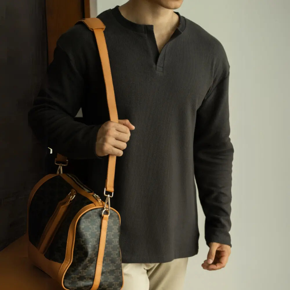 Men's Textile Small Long Sleeved Bottoming V Neck Shirt – Grey | Autumn Essential | Sporty Leisure Style