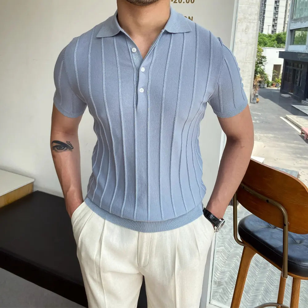 Slim Fit Striped Polo Collar Sweater – Light Blue & White | Leisure Essential | Old Money Menswear