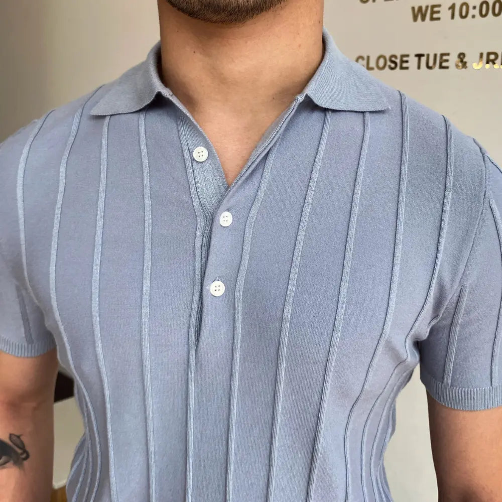 Slim Fit Striped Polo Collar Sweater – Light Blue & White | Leisure Essential | Old Money Menswear