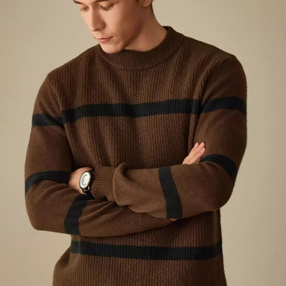 Men's Casual Contrast Color Warm Striped Sweater – Light Grey | Casual Elegance | Pure Wool Menswear