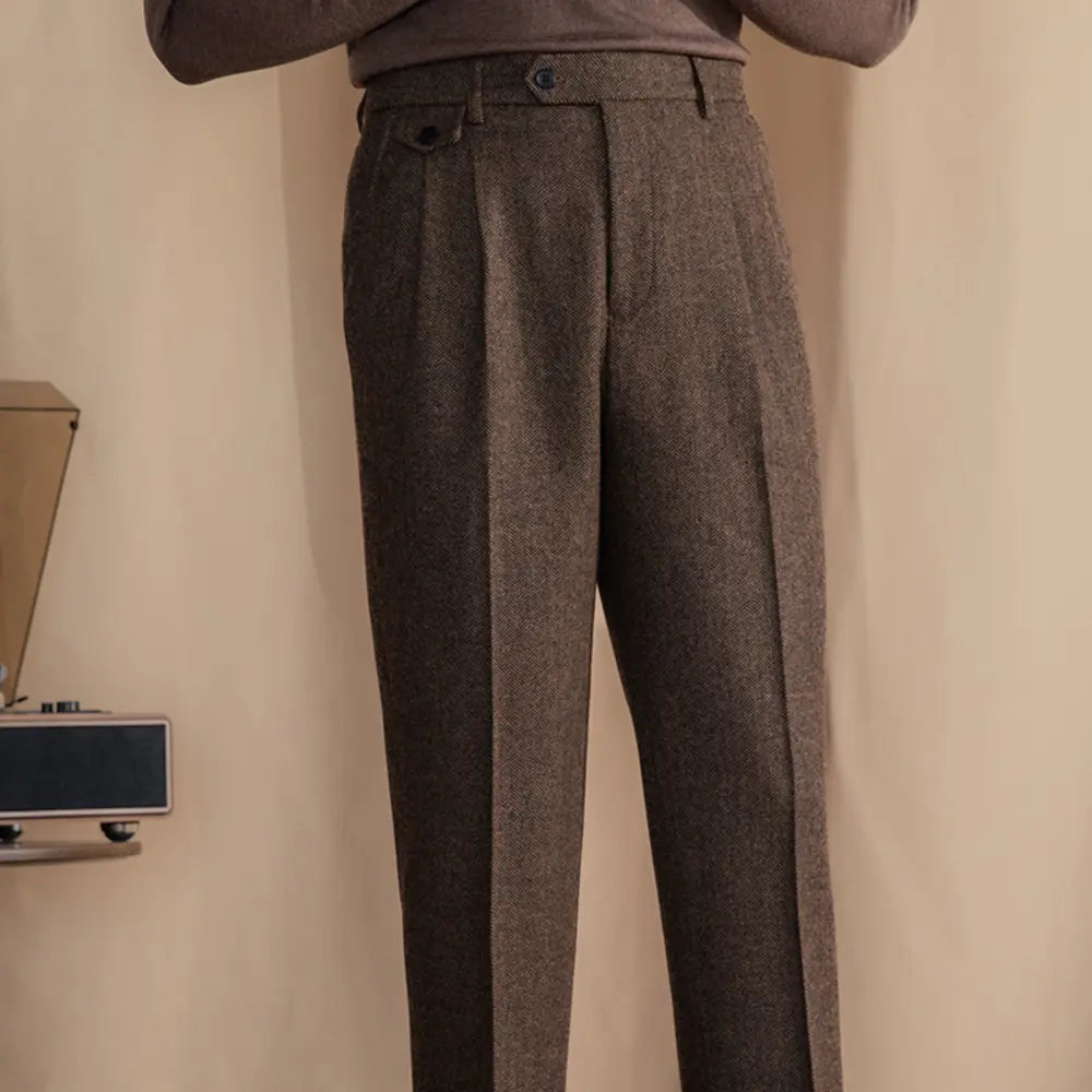 Slim Fit Herringbone Trousers – Grey | Heritage Stitching | Old Money Aesthetic