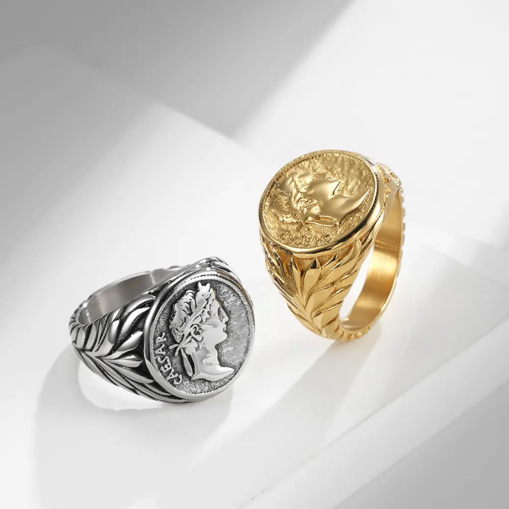 Roman Empire Caesar Ring – Silver | Vintage Warrior Emblem | Statement Stainless Steel
