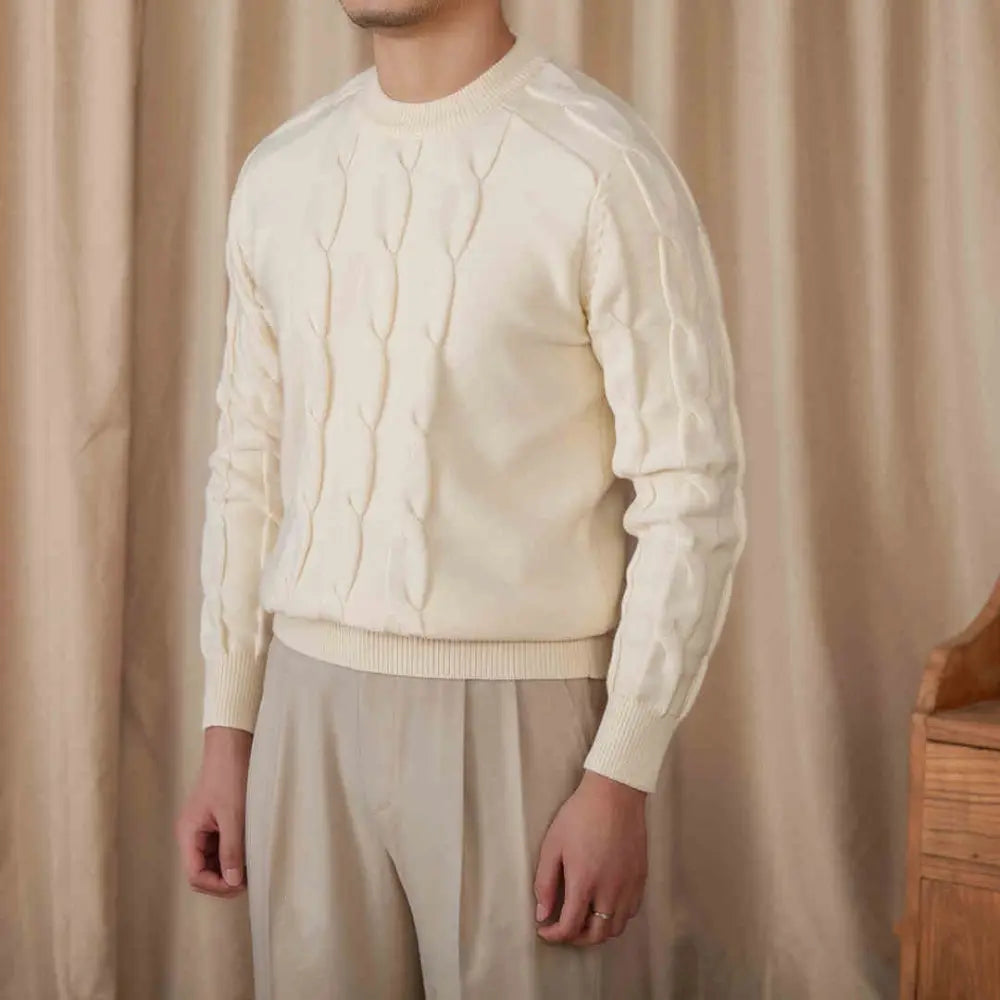 Slim Fit Round Neck Sweater – Beige| Casual Jacquard Knit | Stretch Everyday Menswear