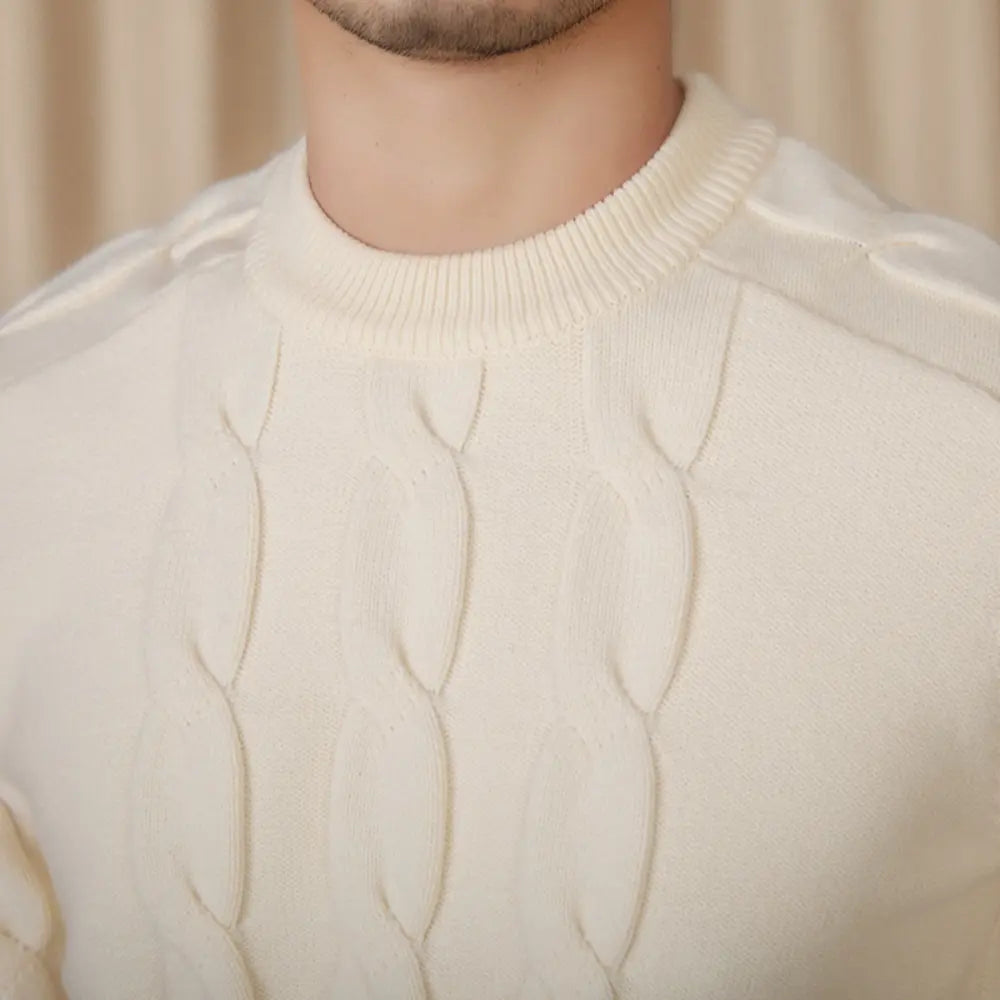 Slim Fit Round Neck Sweater – Beige| Casual Jacquard Knit | Stretch Everyday Menswear