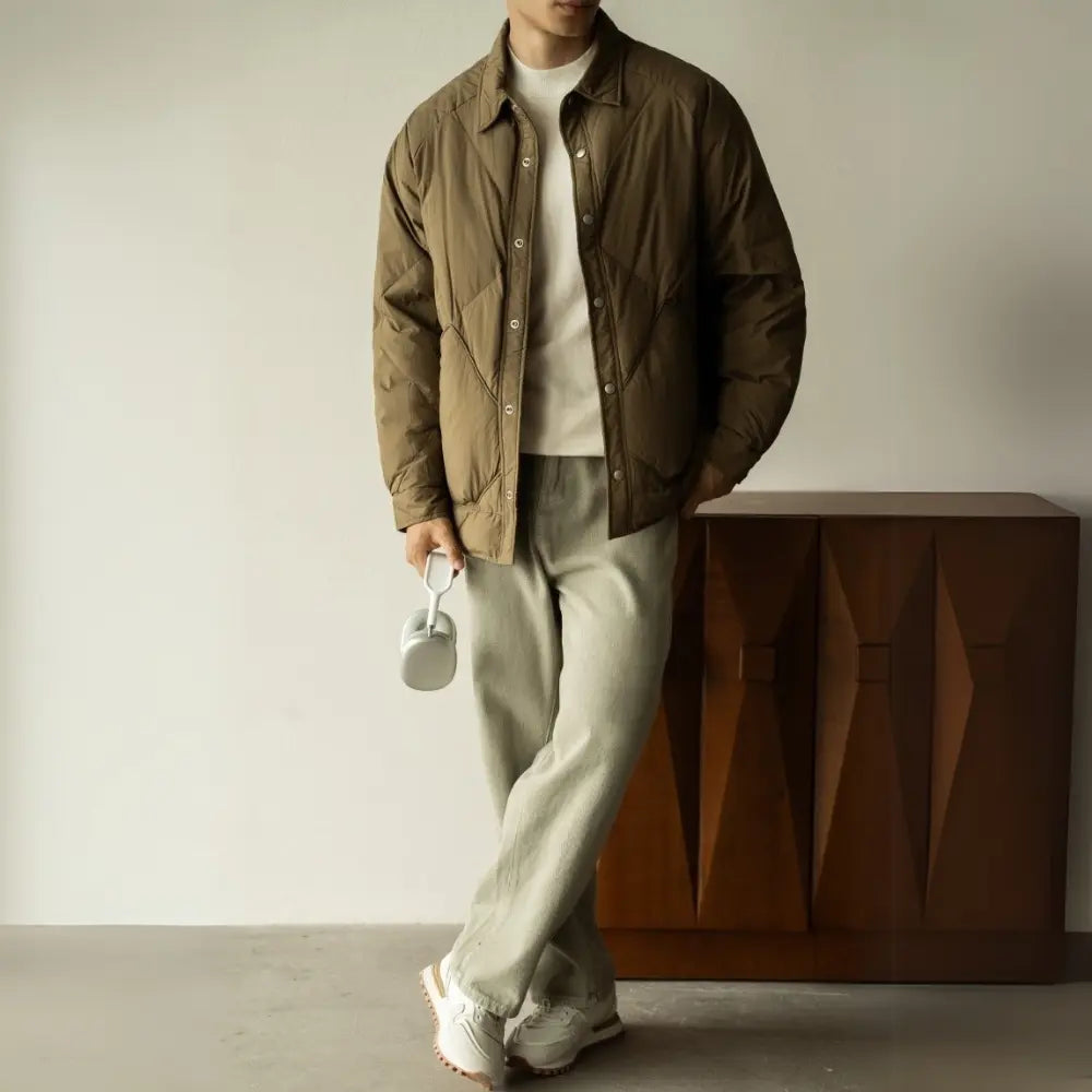 Loose Fit Men's Shirt Collar Down Jacket – Amber Green & Black | Winter Leisure | Old Money Menswear