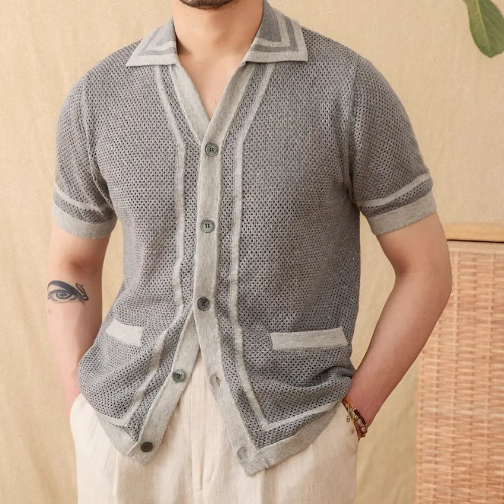Relaxed Fit Short Sleeve Cardigan – Off-White & Grey | Summer Layering | Preppy Old Money Style