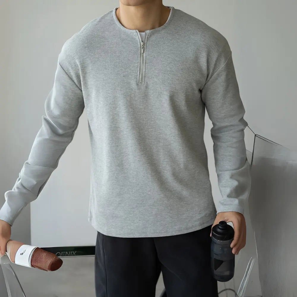 Spring Lapel Mens Long Sleeve T Shirt with Solid Color – Light Gray | Old Money Menswear
