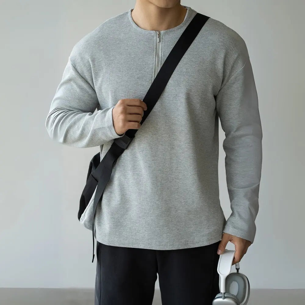 Spring Lapel Mens Long Sleeve T Shirt with Solid Color – Light Gray | Old Money Menswear Prendersons
