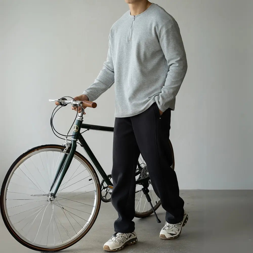 Spring Lapel Mens Long Sleeve T Shirt with Solid Color – Light Gray | Old Money Menswear Prendersons