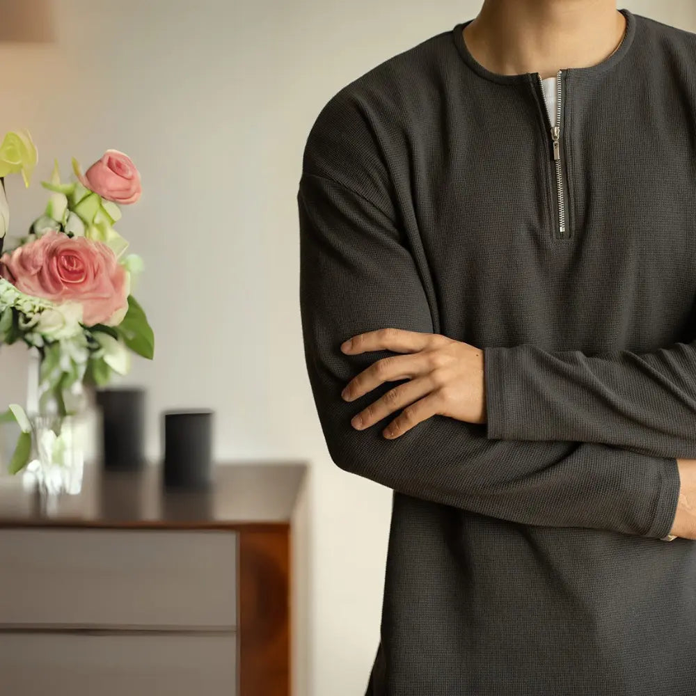 Spring Lapel Mens Long Sleeve T Shirt with Solid Color – Light Gray | Old Money Menswear Prendersons