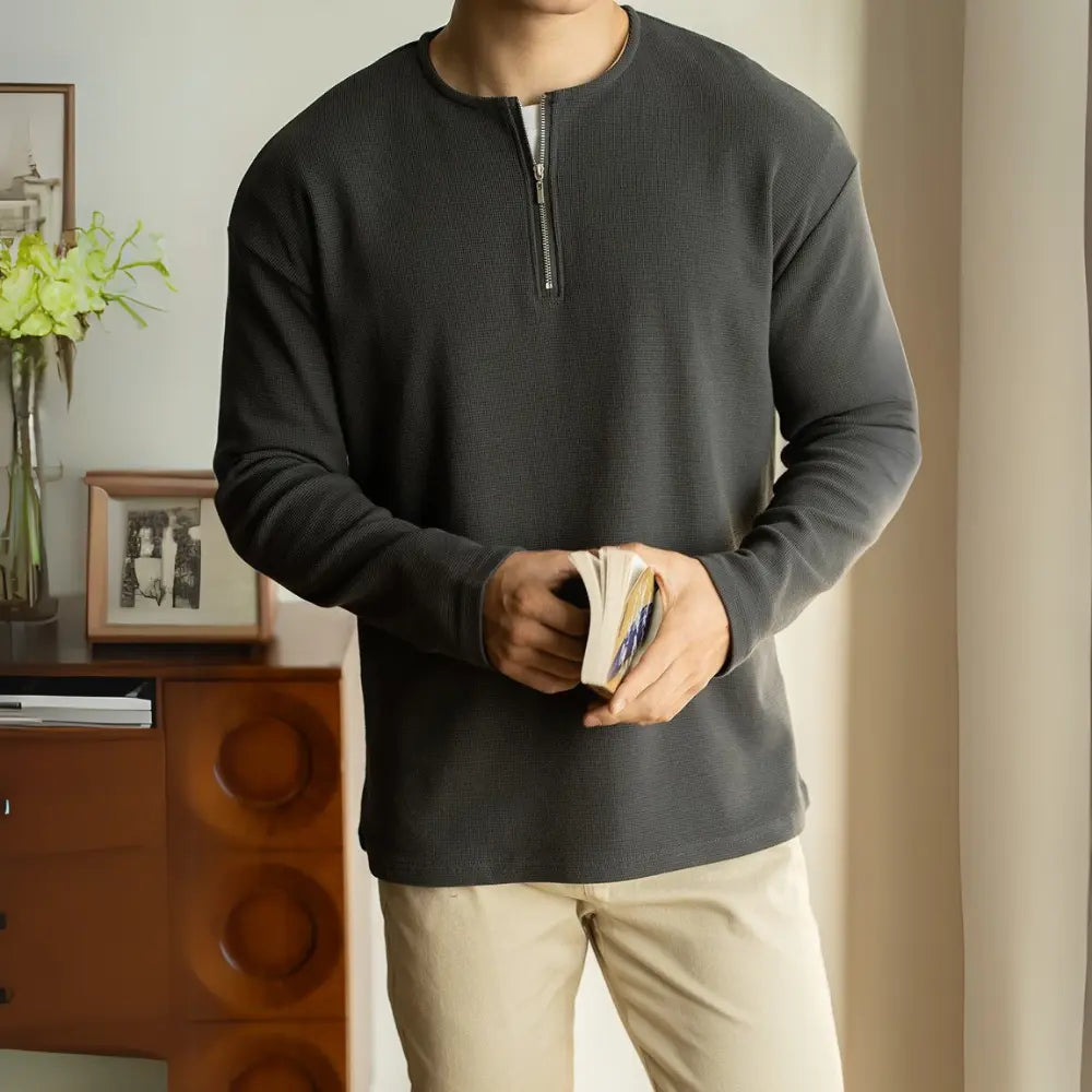 Spring Lapel Mens Long Sleeve T Shirt with Solid Color – Light Gray | Old Money Menswear Prendersons