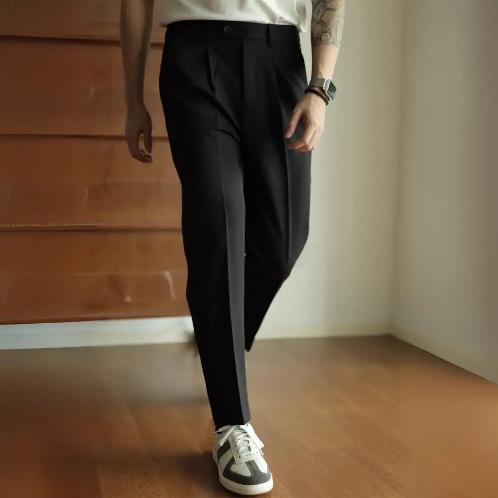 Regular Fit Draped Cropped Trousers – Black/Grey | Smart Casual | Cropped Pants