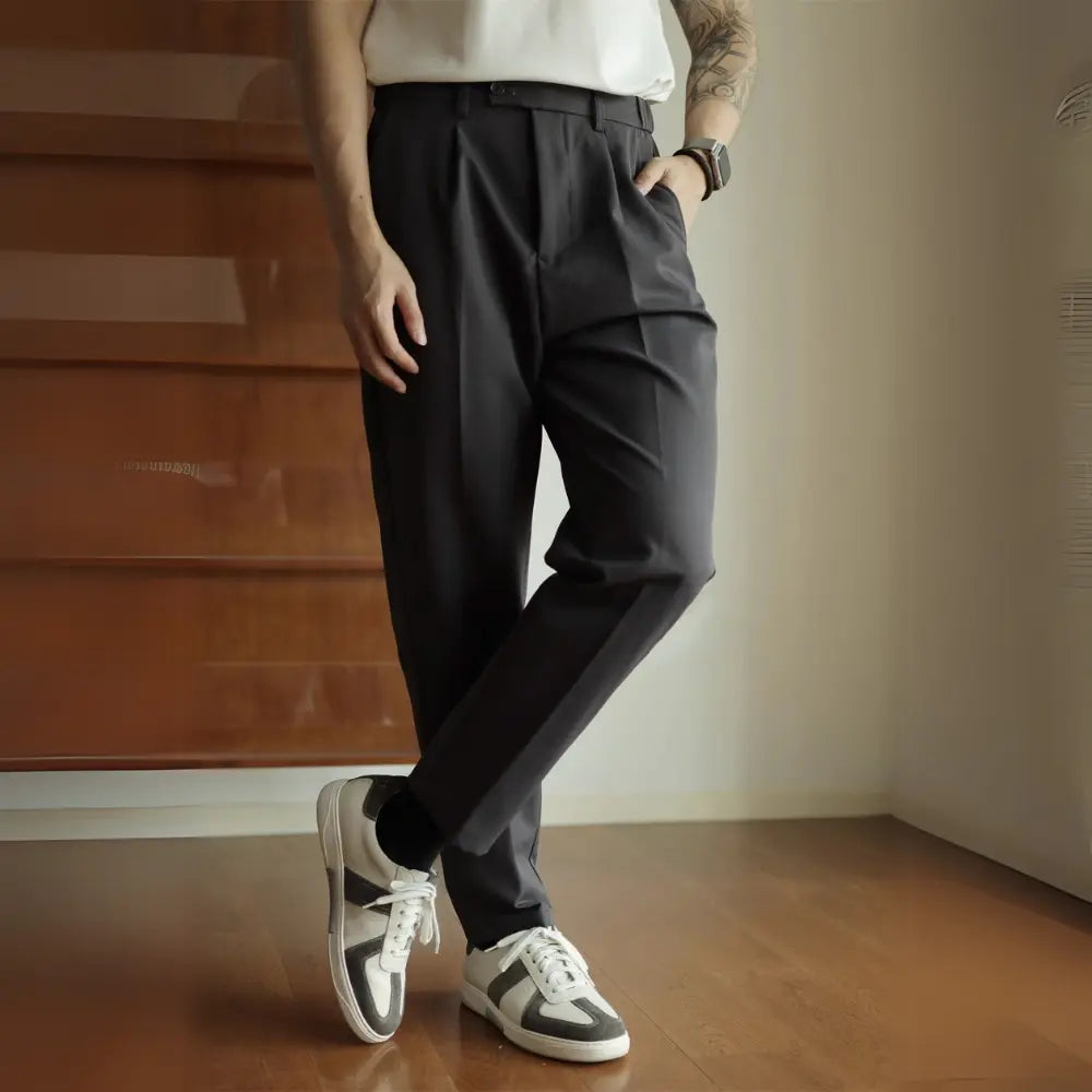 Regular Fit Draped Cropped Trousers – Black/Grey | Smart Casual | Cropped Pants