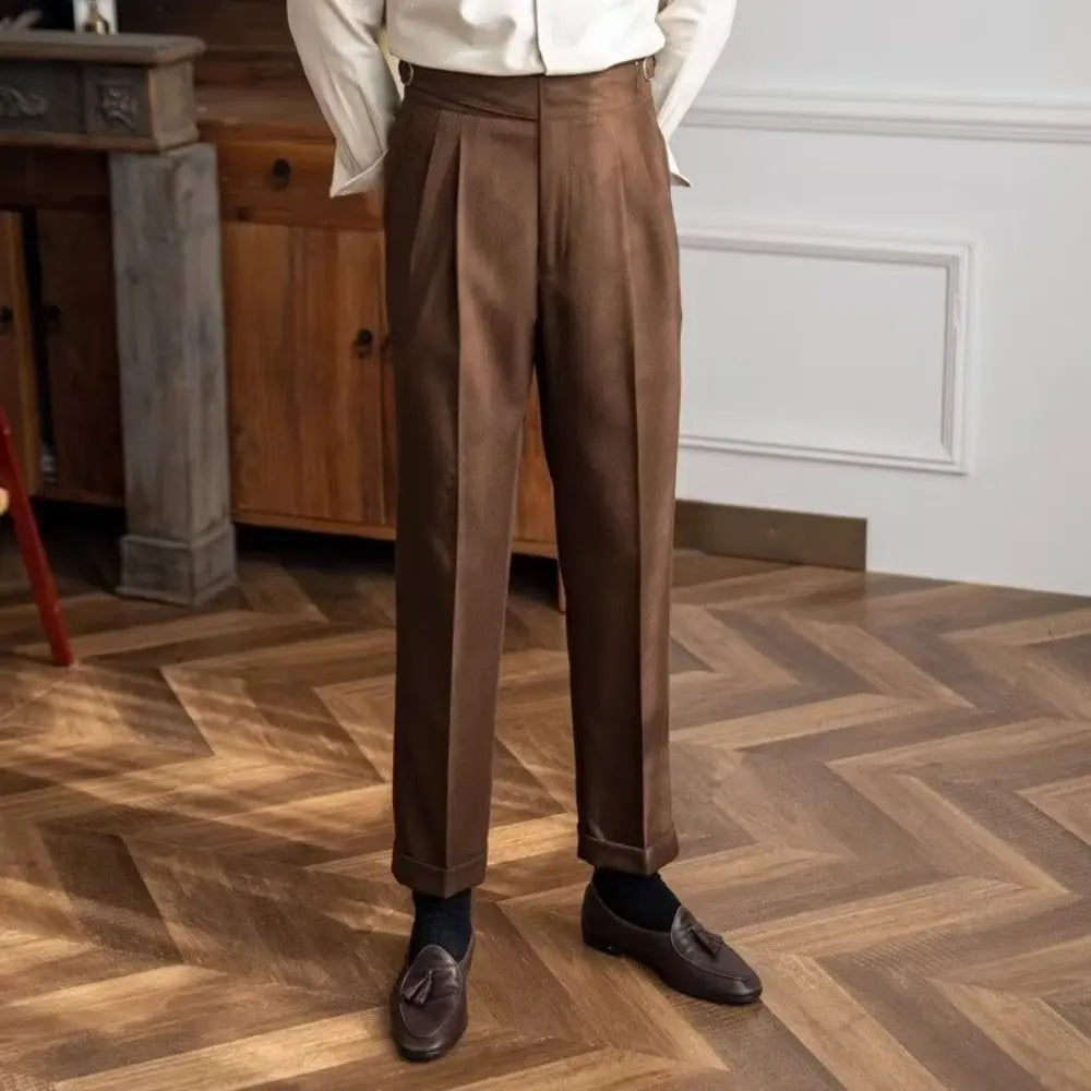 Men's Straight High Waisted Vintage Suit Pants - Light Brown | Leisure Essential | Old Money Elegance