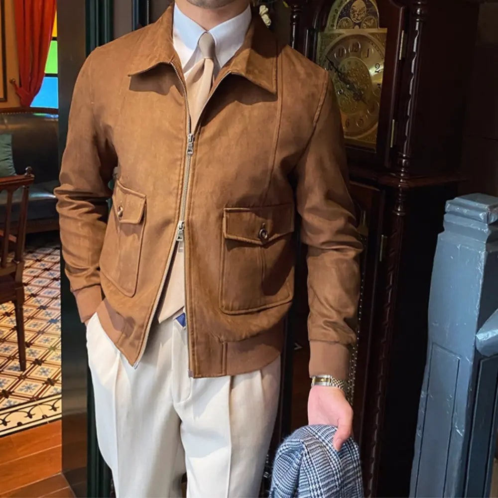 Regular Fit Suede Coffee Bomber Jacket – Dark Brown | Casual Wear | Old Money Style