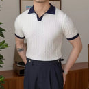 Slim fit men's summer polo front view – navy and white colour block