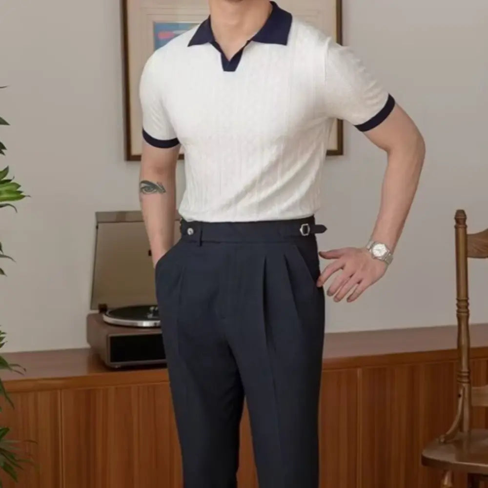 Slim fit men's summer polo front view – navy and white colour block