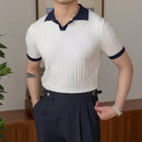 Slim fit men's summer polo front view – navy and white colour block
