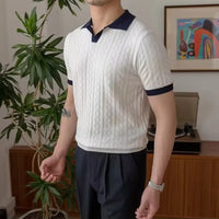 Slim fit men's summer polo front view – navy and white colour block
