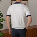 Slim fit men's summer polo front view – navy and white colour block