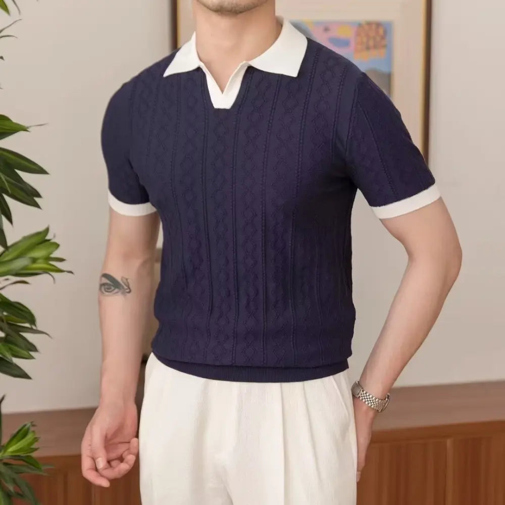 Slim fit men's summer polo front view – navy and white colour block