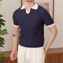 Slim fit men's summer polo front view – navy and white colour block
