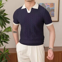 Slim fit men's summer polo front view – navy and white colour block