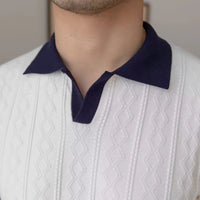 Slim fit men's summer polo front view – navy and white colour block
