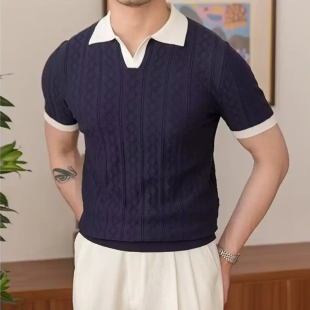 Slim fit men's summer polo front view – navy and white colour block