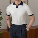 Slim fit men's summer polo front view – navy and white colour block