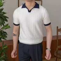 Slim fit men's summer polo front view – navy and white colour block