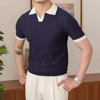 Slim fit men's summer polo front view – navy and white colour block