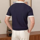 Slim fit men's summer polo front view – navy and white colour block