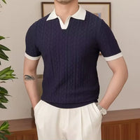Slim fit men's summer polo front view – navy and white colour block