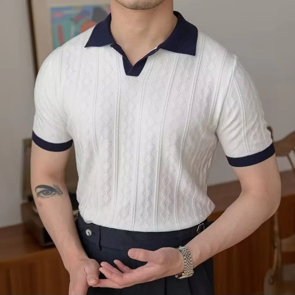 Slim fit men's summer polo front view – navy and white colour block