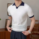Slim fit men's summer polo front view – navy and white colour block