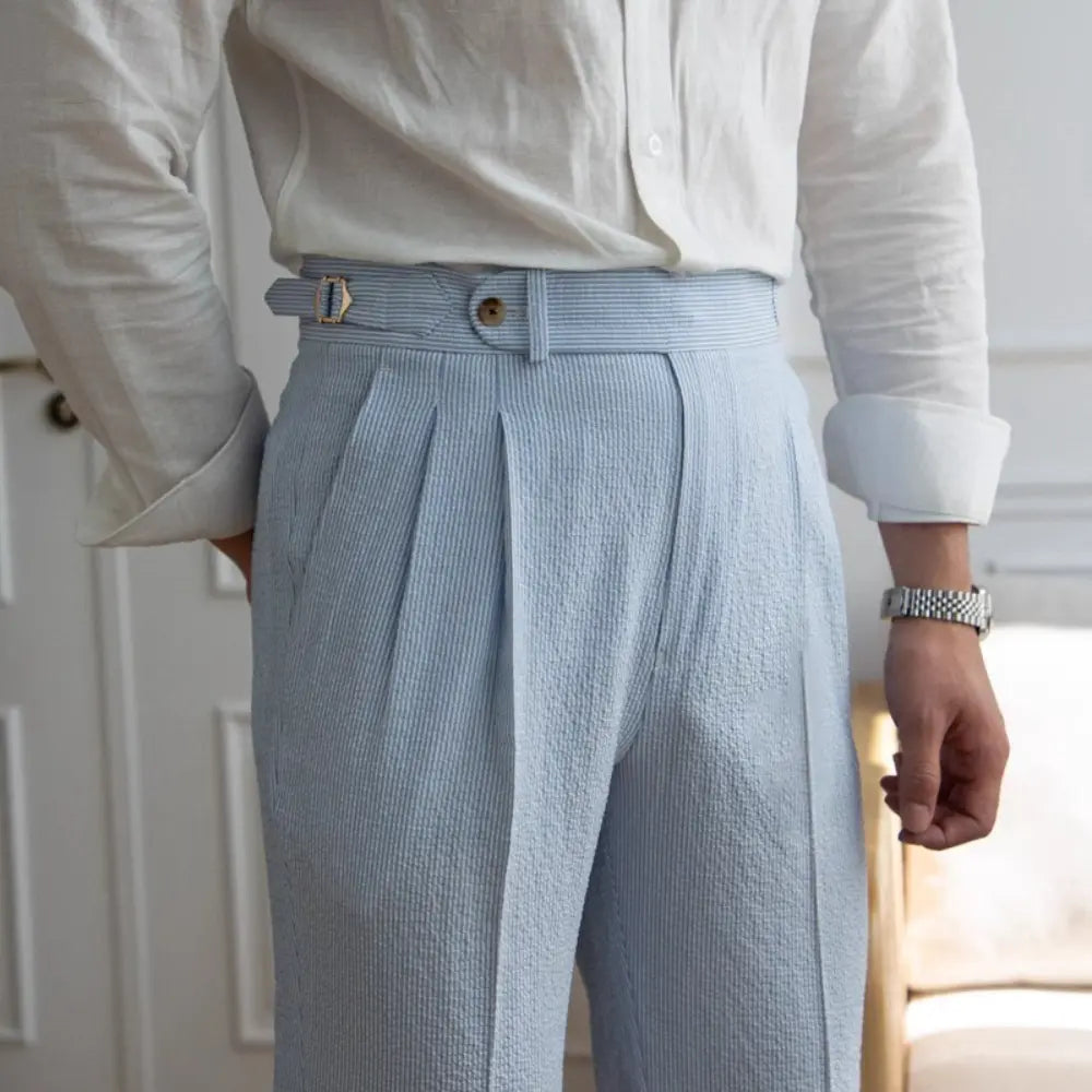 Summer Men's High Waisted Pants – Striped Blue | Summer Officewear | Old Money Menswear