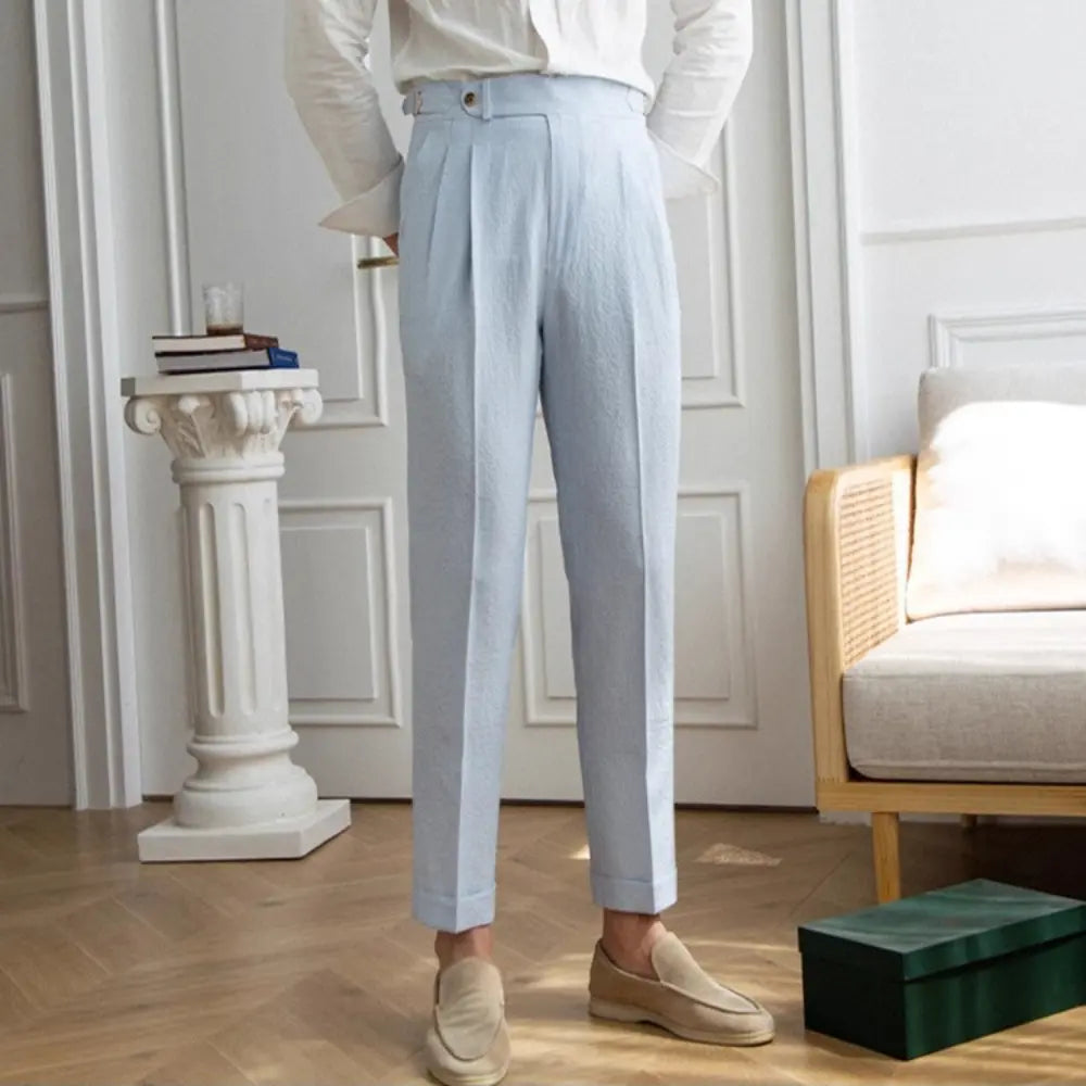 Summer Men's High Waisted Pants – Striped Blue | Summer Officewear | Old Money Menswear