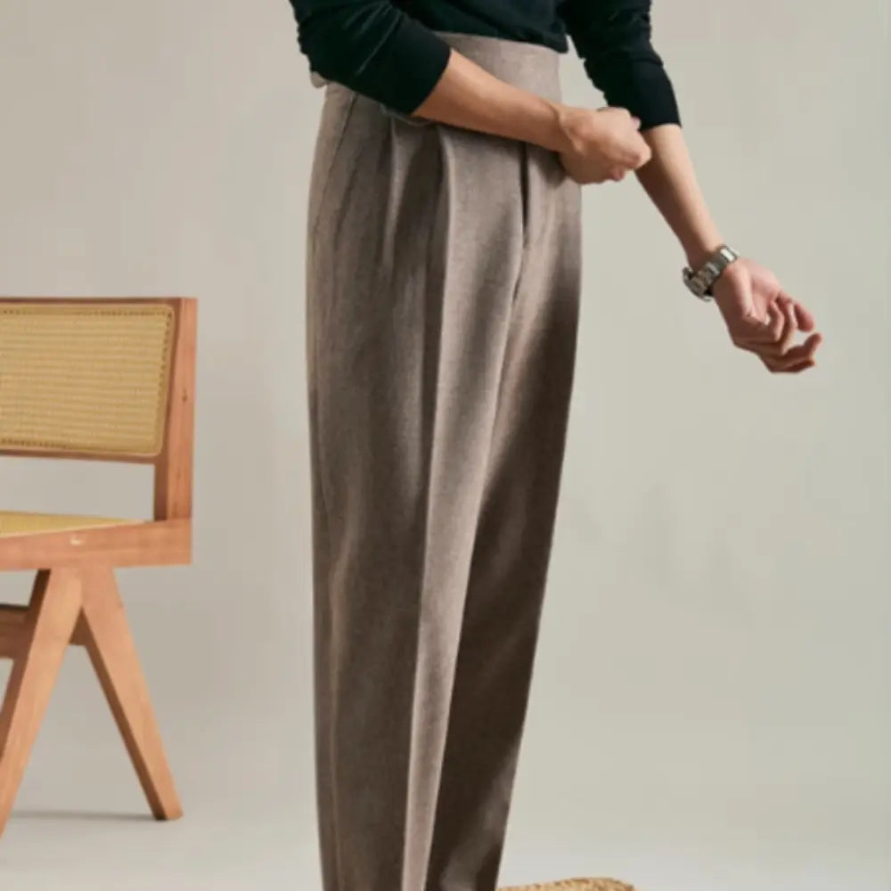 Straight Double Pleated Trousers – Brown & Khaki | Business Casual | Wool Blend Classic