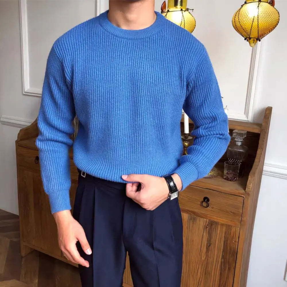 Loose Fit Thick Cotton Men's Sweater – Green, Blue, Black & White | Daily Comfort | Korean-Inspired Old Money Style
