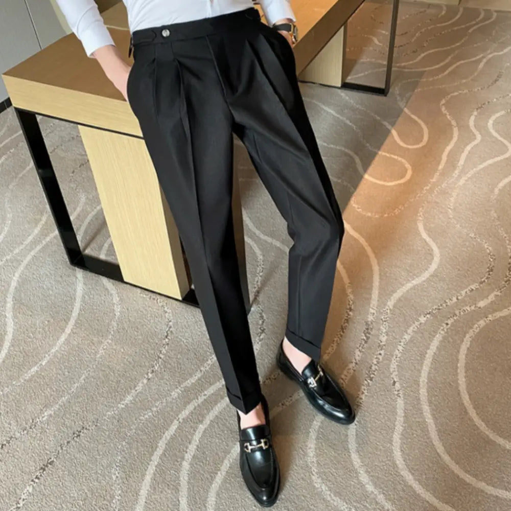 Draped men's straight suit pants - black