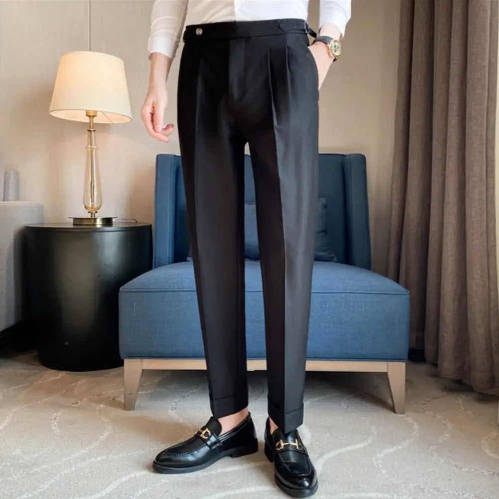 Draped men's straight suit pants - black