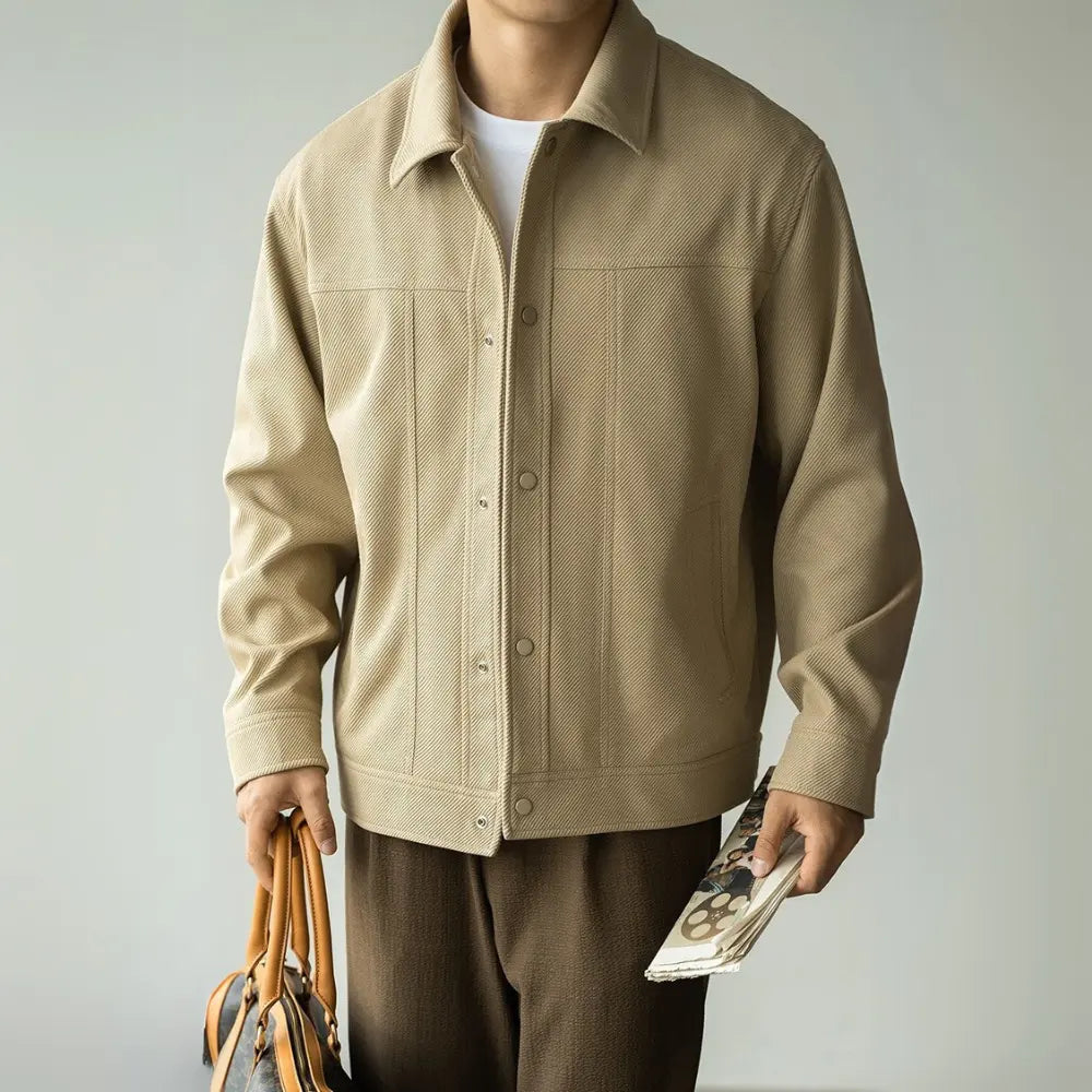 Twill Texture Shirt Collar Mens Workwear Jacket – Khaki & Black | Spring-Autumn Staple | Twill Texture Classic