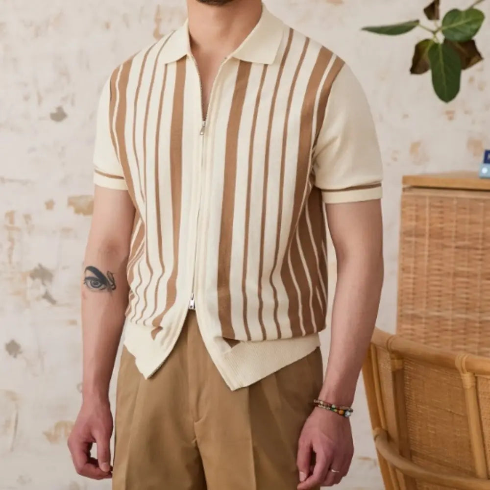 Vintage Stripe Cotton Knitted Short Sleeve Cardigan - Khaki | Casual Layering | Old Money Menswear