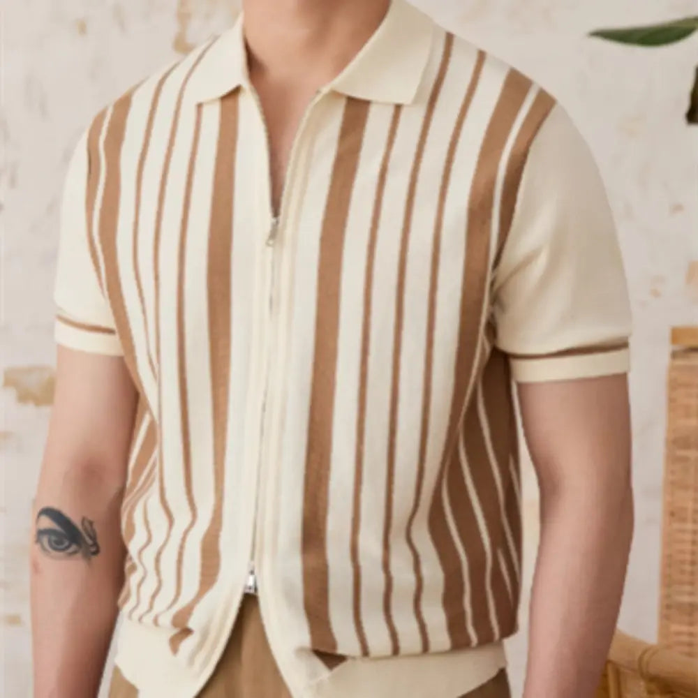 Vintage Stripe Cotton Knitted Short Sleeve Cardigan - Khaki | Casual Layering | Old Money Menswear