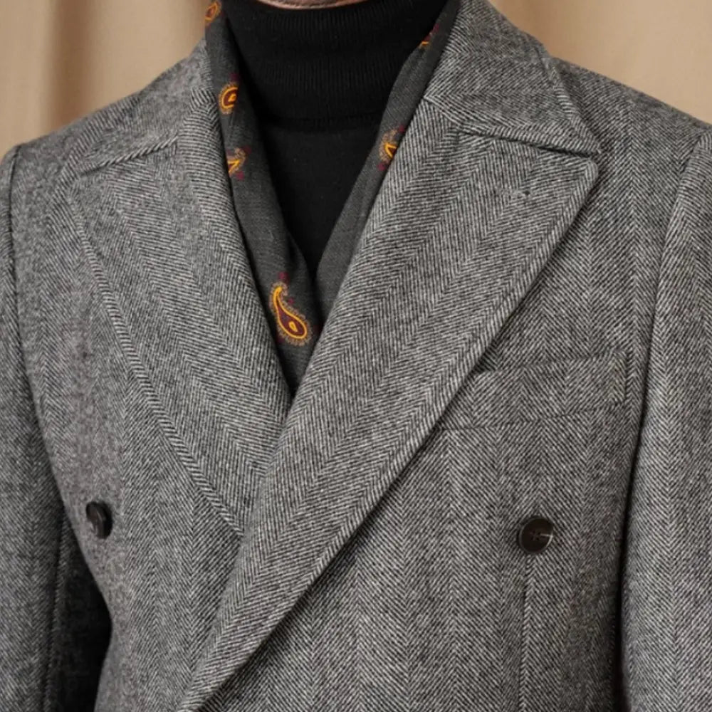 Slim Fit Wool Herringbone Coat for Men – Dark Grey & Black | Winter Warmth | Old Money Style