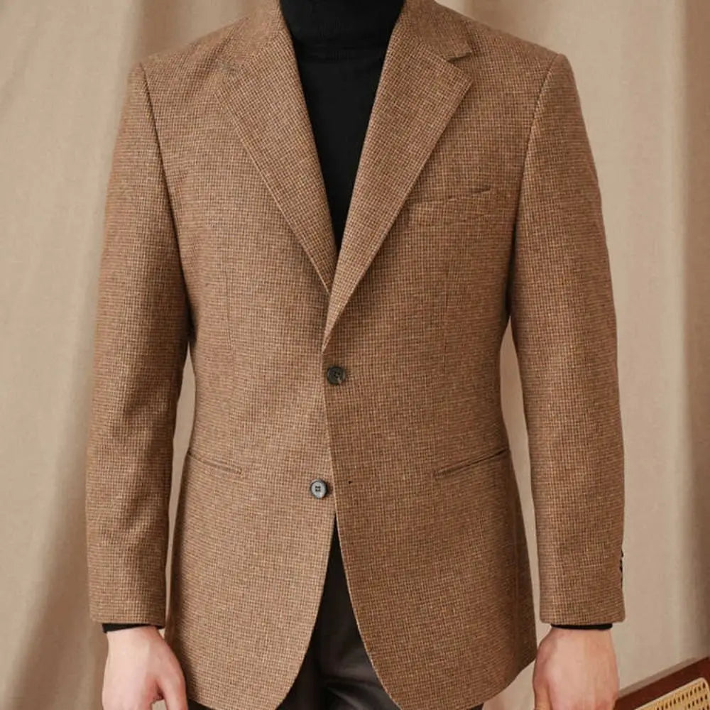 Wool Slim-fit Vintage Houndstooth Coat For Men – Brown Coffee | Autumn City Fashion | Timeless Old Money Appeal