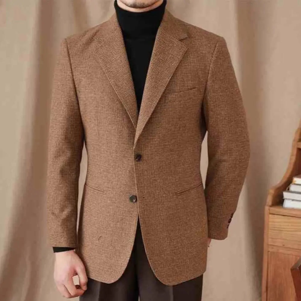Wool Slim-fit Vintage Houndstooth Coat For Men – Brown Coffee | Autumn City Fashion | Timeless Old Money Appeal