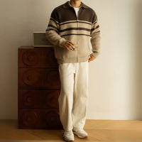 Young Contrast Color Striped Lapel Sweater Men's Casual Zipper Prendersons