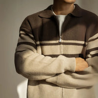 Young Contrast Color Striped Lapel Sweater Men's Casual Zipper Prendersons